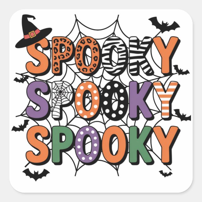  Spooky Lettering  Witch Hat and Bats Halloween  Square Sticker (Front)