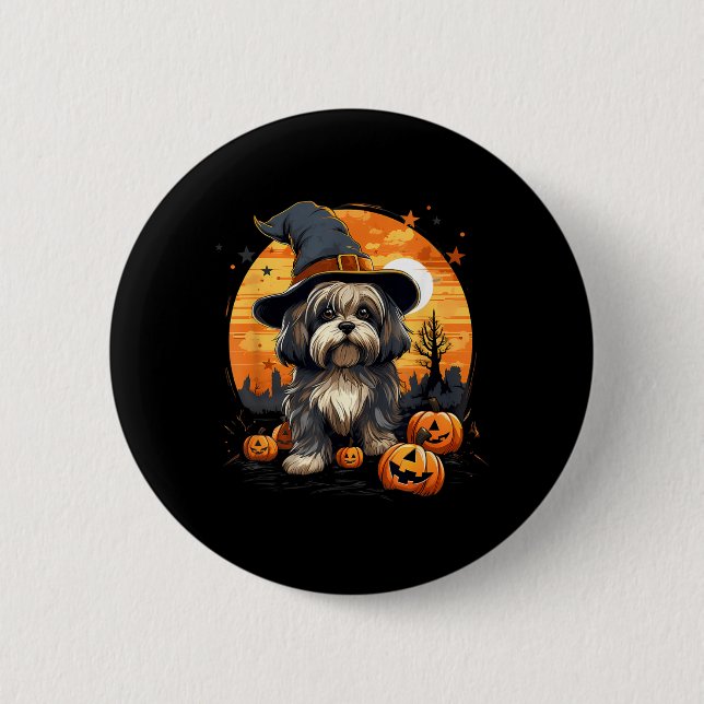 Spooky Lhasa Apso Dog Witch Halloween 2 Inch Round Button (Front)