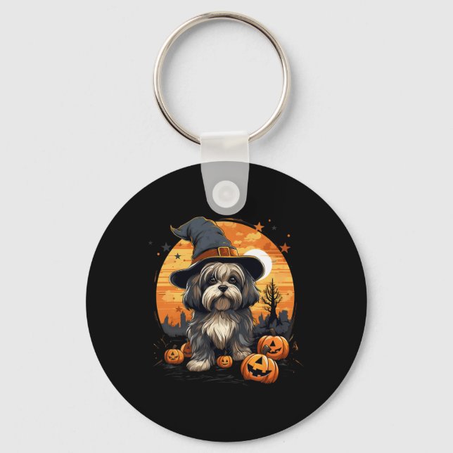 Spooky Lhasa Apso Dog Witch Halloween  Keychain (Front)