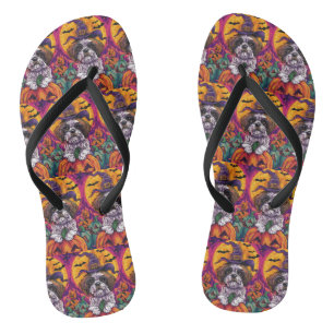 Spooky Malti Tzu Dog Halloween Witch And Pumpkin Flip Flops