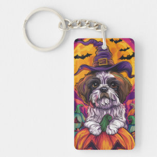 Spooky Malti Tzu Dog Halloween Witch And Pumpkin Keychain