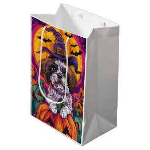 Spooky Malti Tzu Dog Halloween Witch And Pumpkin Medium Gift Bag