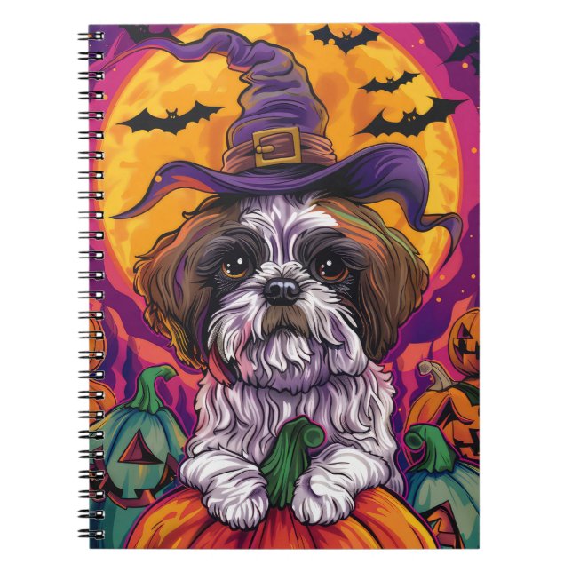 Spooky Malti Tzu Dog Halloween Witch And Pumpkin Notebook (Front)