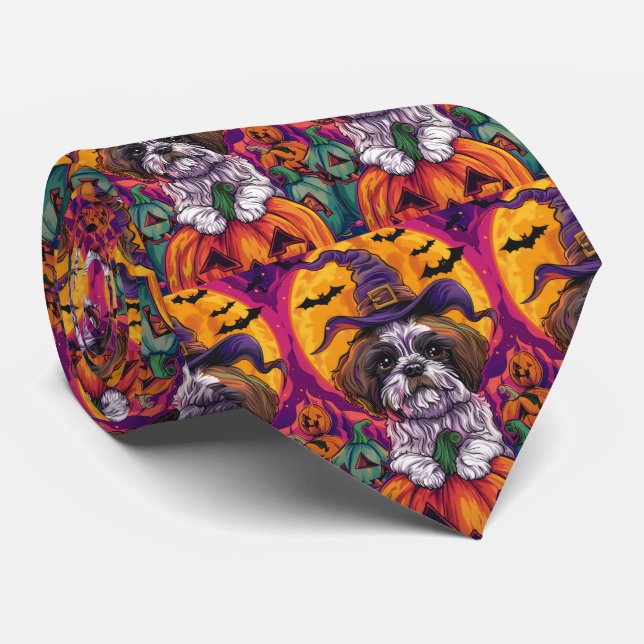 Spooky Malti Tzu Dog Halloween Witch And Pumpkin Tie (Rolled)