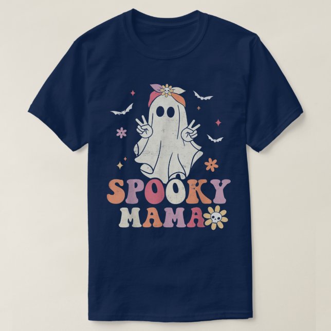 Spooky Mama Cute Ghost Halloween Groovy Retro Tric T-Shirt (Design Front)