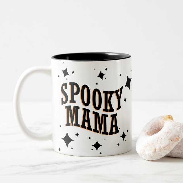 Spooky Mama Funny Cute Halloween  Two-Tone Coffee Mug (With Donut)