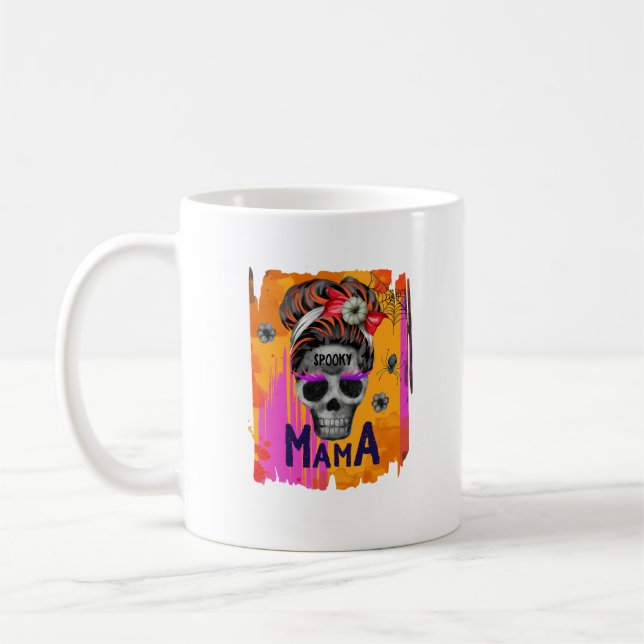 Spooky Mama – Messy Bun Skull Coffee Mug (Left)