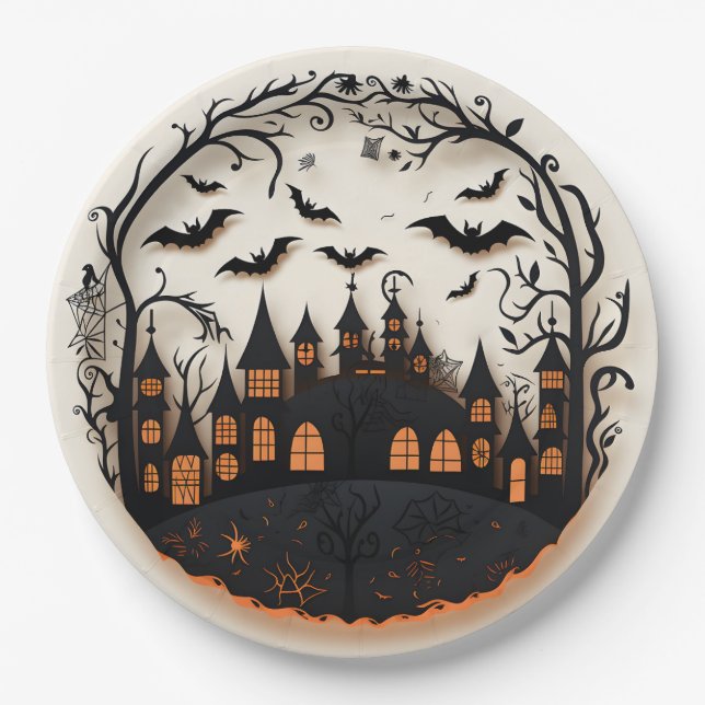 Spooky Mansion Halloween Paper Plates (Front)