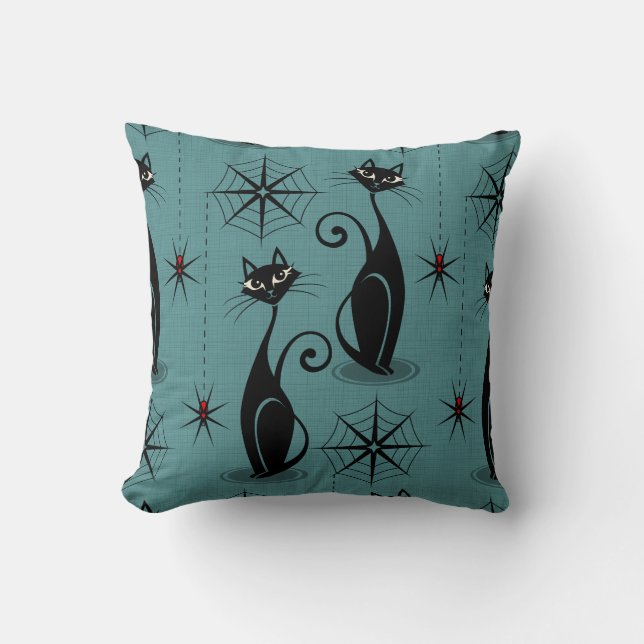 Spooky Meow Retro Atomic Cats on Blue Throw Pillow (Front)