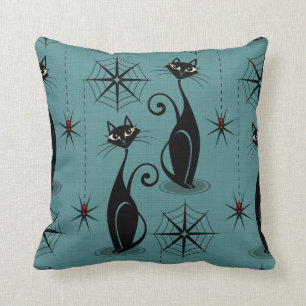 Spooky Meow Retro Atomic Cats on Blue Throw Pillow