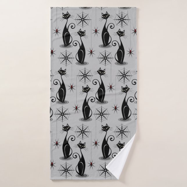 Spooky Meow Retro Atomic Cats on Pale Gray Bath Towel (Bath Towel)