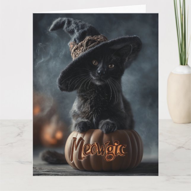 Spooky "Meowgic" Black Cat in a Witch Hat Card (Front)