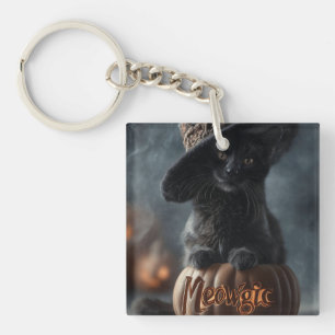 Spooky "Meowgic" Black Cat in a Witch Hat Keychain