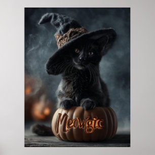 Spooky "Meowgic" Black Cat in a Witch Hat Poster
