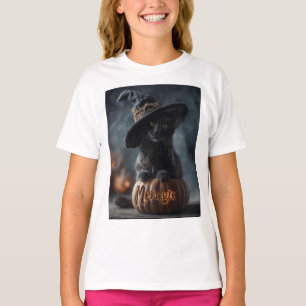 Spooky "Meowgic" Black Cat in a Witch Hat T-Shirt