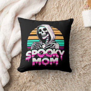 Spooky Mom: Vaporwave Skeleton Halloween Mama Throw Pillow