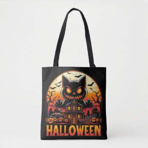 Spooky Monster Cat Haunted House Halloween Tote Bag