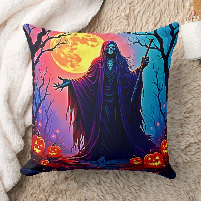 Spooky Moon Death's Call Design Throw Pillow (Blanket)
