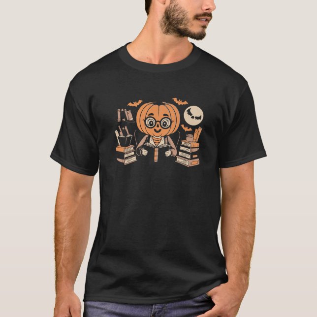 Spooky Moon Pumpkin Librarian Reading Magic Hallow T-Shirt (Front)