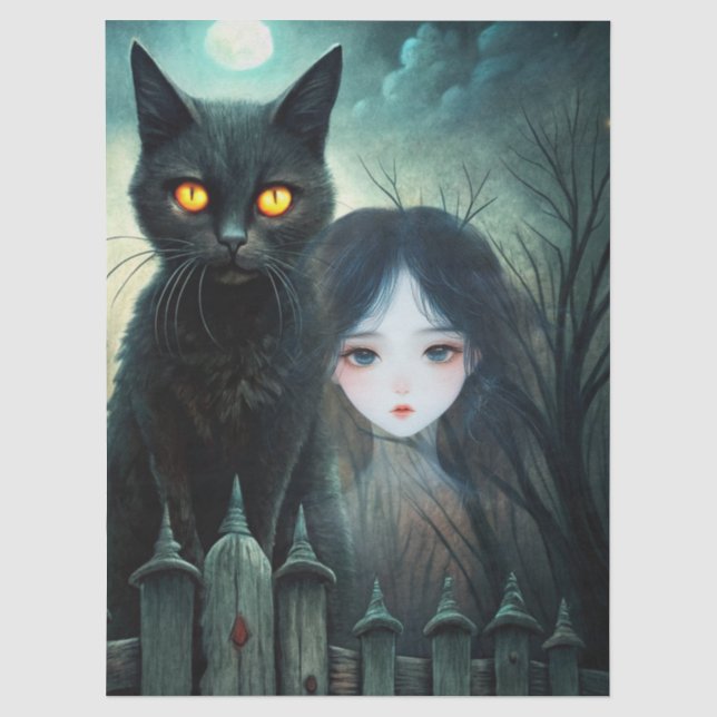 Spooky Moonlit Black Cat Halloween Decoupage Tissue Paper (Front)