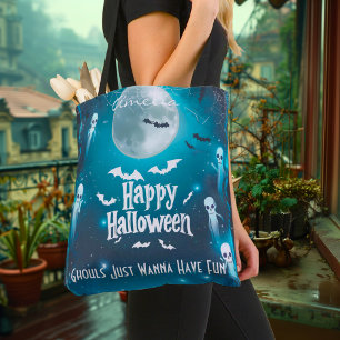 Spooky Moonlit Halloween with Ghosts and Bats Tote Bag