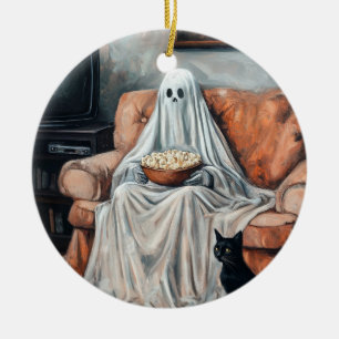 Spooky Movie Night   Ghost and Cat Watching TV Ceramic Ornament