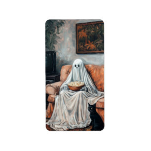 Spooky Movie Night   Ghost and Cat Watching TV Label
