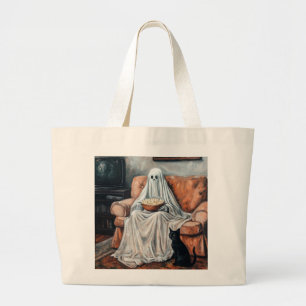 Spooky Movie Night Ghost and Cat Watching TV Large Tote Bag