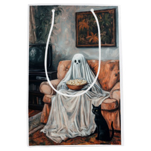 Spooky Movie Night   Ghost and Cat Watching TV Medium Gift Bag