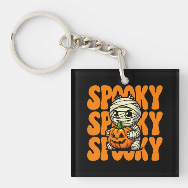 Spooky  Mummy Hugging Pumpkin Halloween Keychain (Front)
