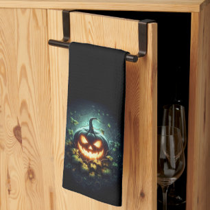 Spooky nature glowing Halloween pumpkin Kitchen Towel