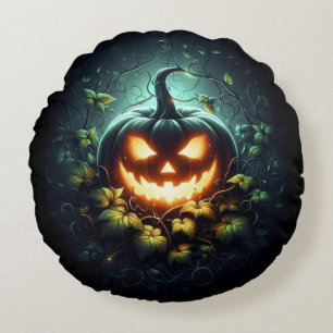 Spooky nature glowing Halloween pumpkin Round Pillow