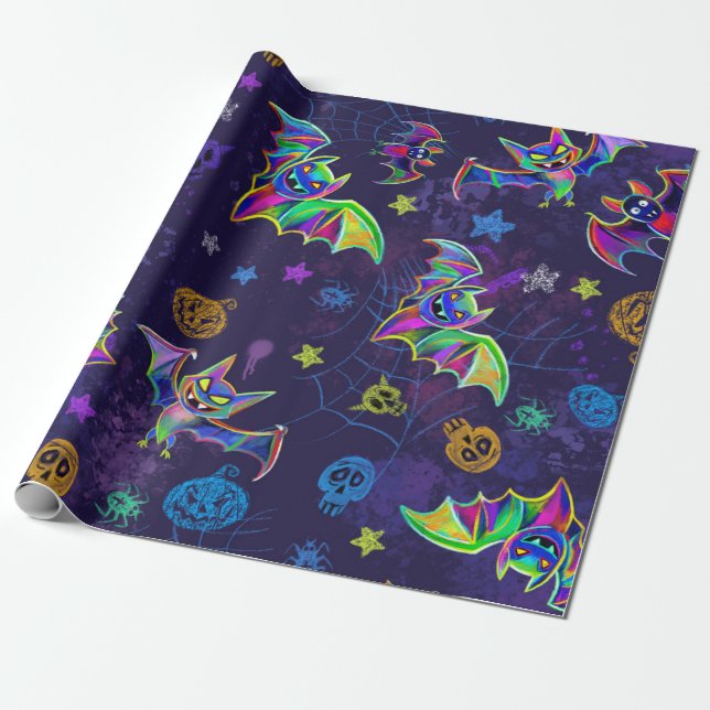 Spooky neon Halloween design bats colorful trendy Wrapping Paper (Unrolled)