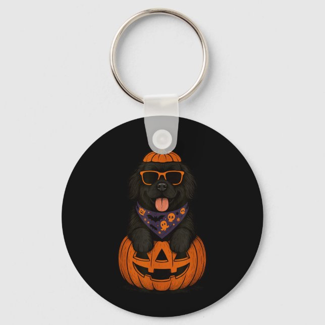 Spooky Newfoundland Dog Pumpkin Halloween Newfie Keychain (Front)