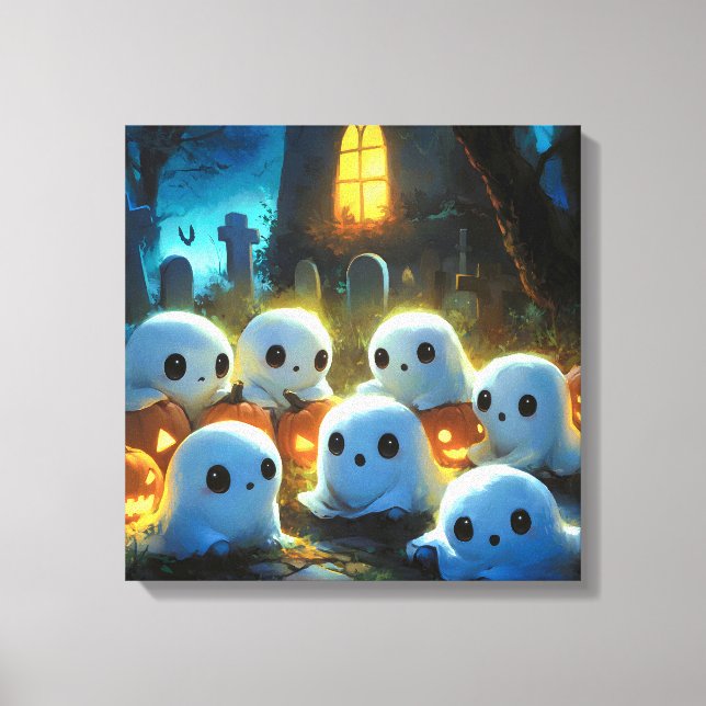 Spooky Night Cemetery Cute Halloween Ghost Canvas Print (Front)