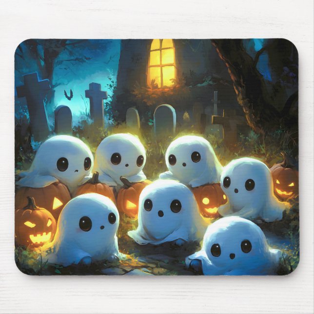 Spooky Night Cemetery Cute Halloween Ghost Mouse Pad (Front)