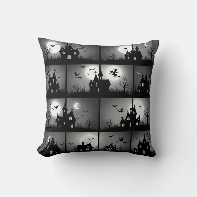 Spooky Night Haunted House Halloween Pattern Throw Pillow (Front)