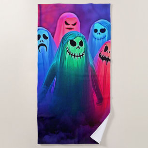 Spooky Night of Colorful Ghosts Design Beach Towel