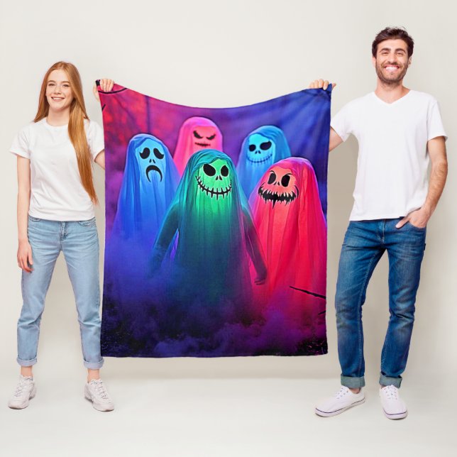 Spooky Night of Colourful Ghosts Design Fleece Blanket (In Situ)