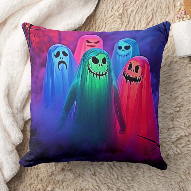 Spooky Night of Colourful Ghosts Design Throw Pillow (Blanket)