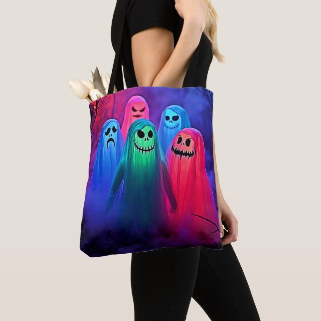 Spooky Night of Colourful Ghosts Design Tote Bag (Close Up)