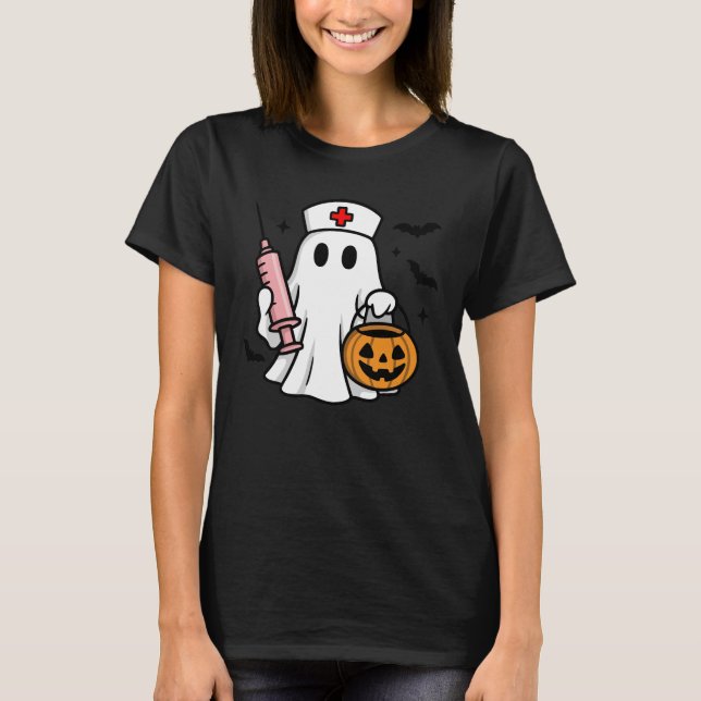 Spooky Nurse Ghost Halloween Healthcare Worker T-Shirt (Front)