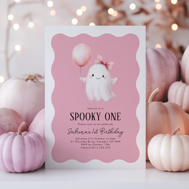 Spooky One 1st Birthday Ghost Pink Balloon Invitation (Spooky One! Cute girl Halloween 1st Birthday invitation with ghost & pink balloon on wavy background)