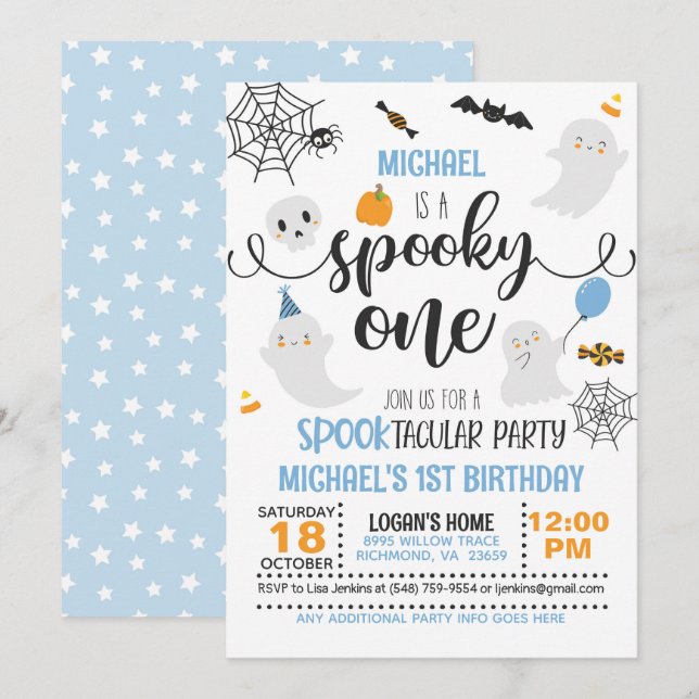 Spooky ONE 1st Birthday Invitation - Boy (White) (Front/Back)