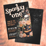Spooky One 1st Birthday Party Invitation<br><div class="desc">Celebrate your little one's first birthday with this spooky-cute "Spooky One" invitation, designed with a fun Halloween theme that works for both boys and girls. Set against a dark distressed black background, the fonts are a playful mix of orange and white. At the top, “Spooky One” is styled in a...</div>