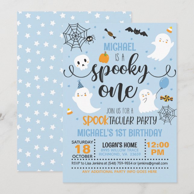 Spooky One Birthday Invitation - Boy (Blue) (Front/Back)