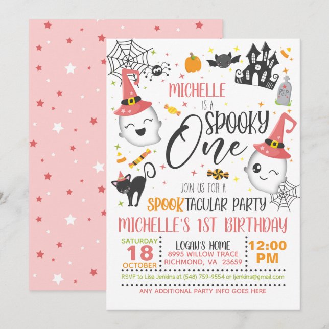 Spooky One Birthday Invitation - Girl White (Front/Back)