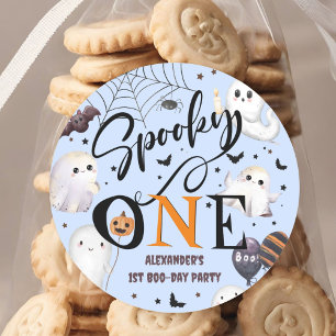 Spooky One Boy Halloween 1st Birthday Party Ghost  Classic Round Sticker