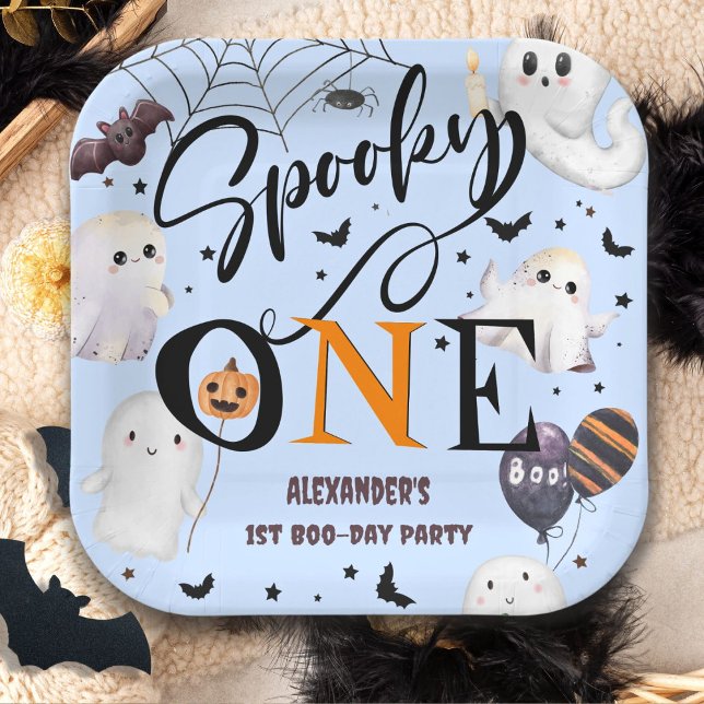 Spooky One Boy Halloween 1st Birthday Party Ghost Paper Plate (Creator Uploaded)