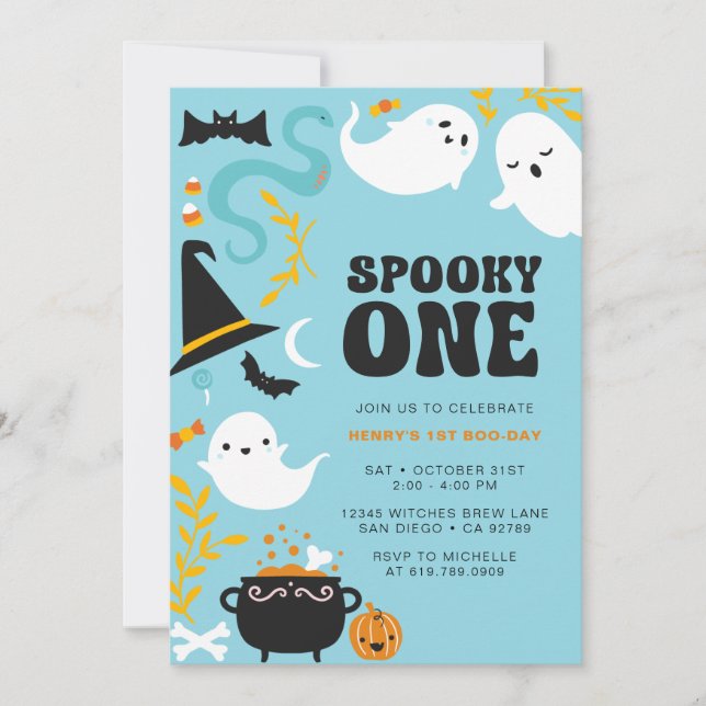 SPOOKY ONE Cute and Modern BOY Ghost Invitation (Front)